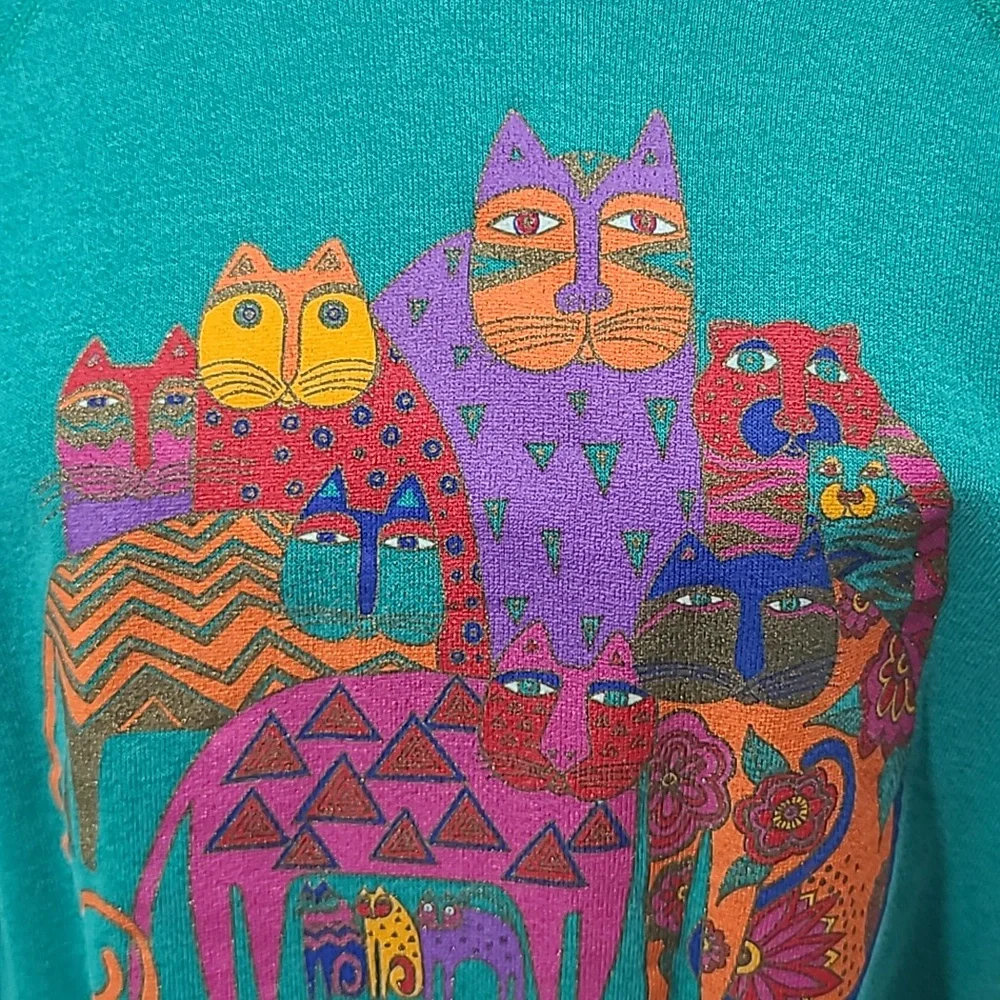 Vintage Laurel Burch I LOVE CATS! Sweatshirt teal green large hanes - Picture 4 of 16